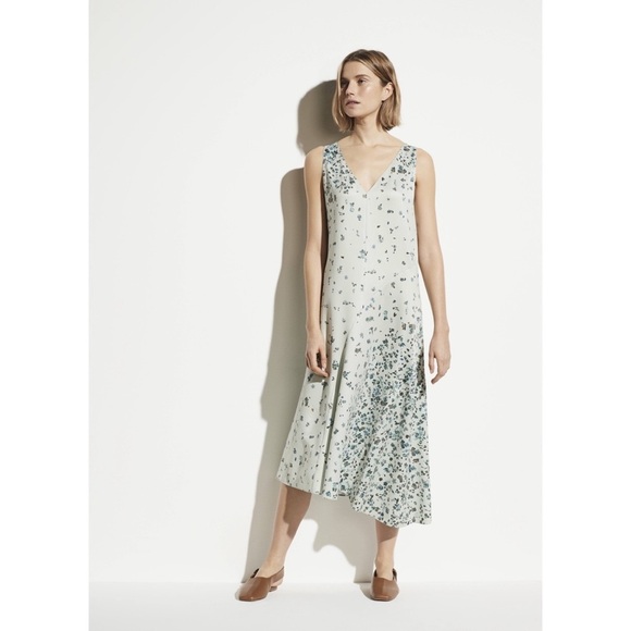 NEW Vince $395 Floral Satin Midi V Neck Asymmetrical Shift Dress in Aloe Size XS